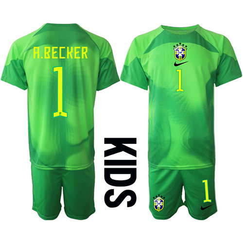 Camiseta Brasil Alisson Becker #1 Portero Segunda Equipación Replica Mundial 2022 para niños mangas cortas (+ Pantalones cortos)